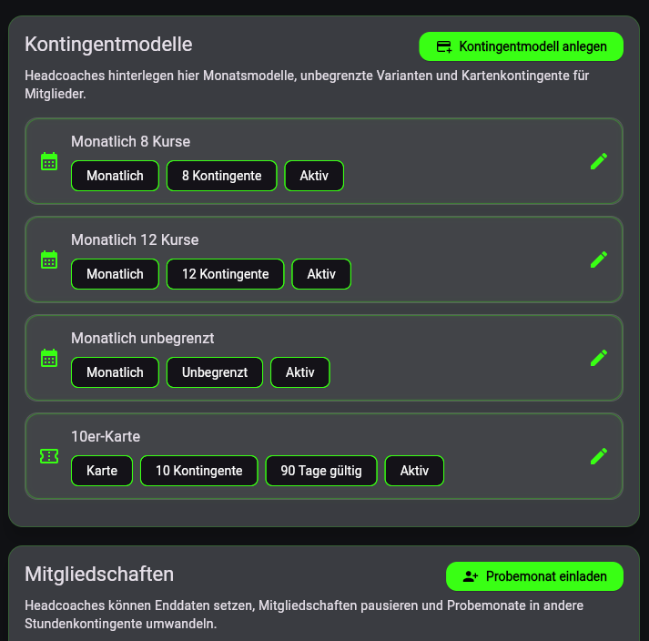 BkeriX Kontingente mit Mitgliedschaften und Buchungsregeln